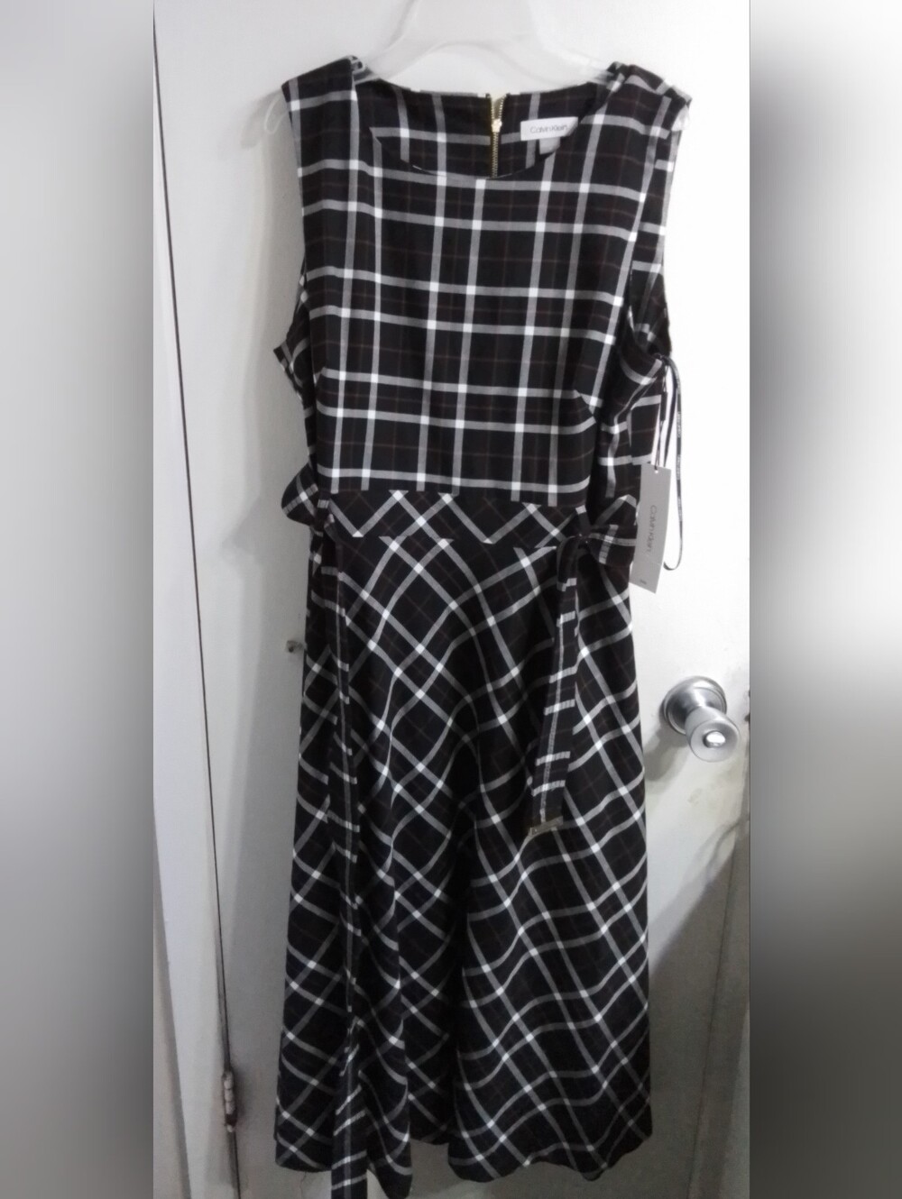 Calvin Klein Black and White Plaid Fit-and-Flare Dress